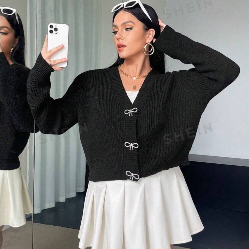 NWT SHEIN Black Cardigan with Silver Bow Buttons - Picture 1 of 5